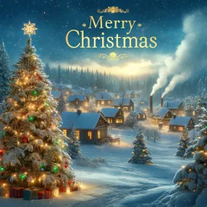 DALL·E 2024-12-25 14.54.00 - A realistic Christmas greeting card featuring a tranquil winter scene. A snow-covered village with warmly lit windows and smoke curling from chimneys,