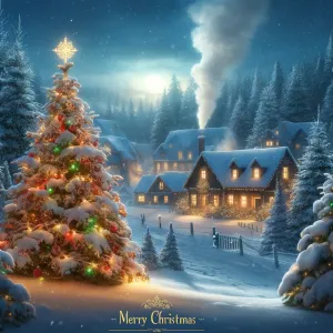 DALL·E 2024-12-25 14.53.27 - A realistic Christmas greeting card featuring a tranquil winter scene. A snow-covered village with warmly lit windows and smoke curling from chimneys,